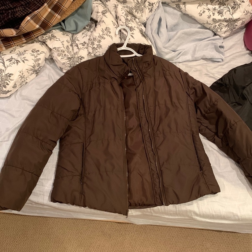 brown puffer jacket